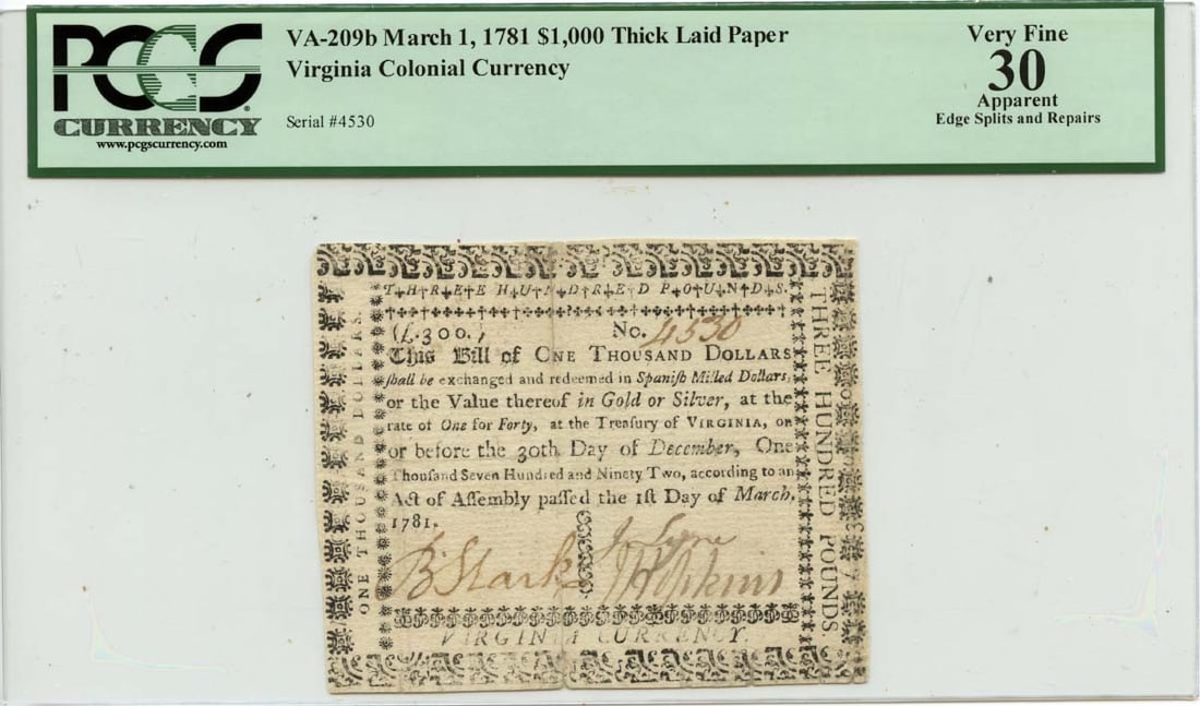 Virginia Colonial Currency 1781 $1000 Note March 1 PCGS VF30 FR#VA-209b (1 of 2)