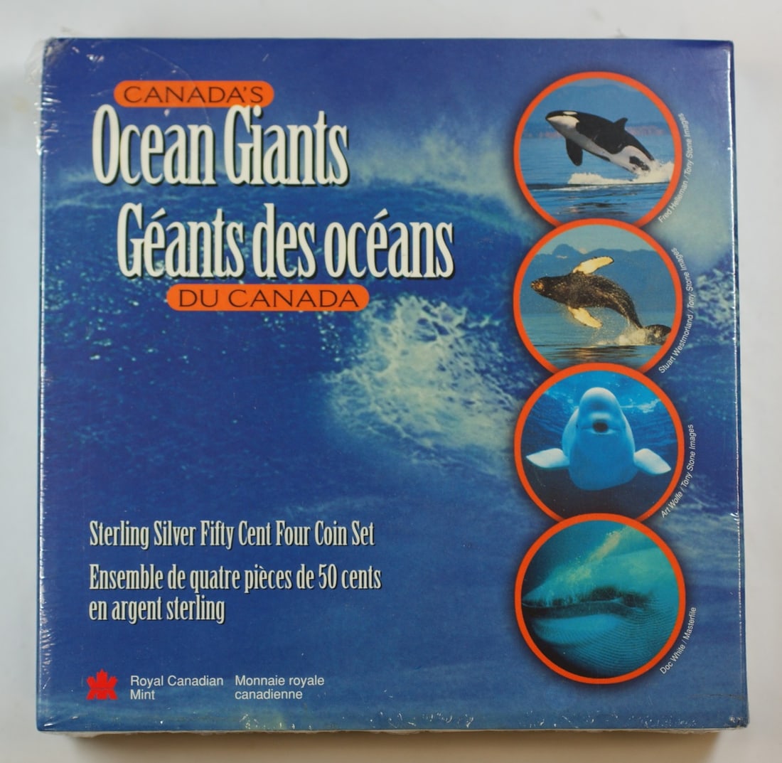 Canada Ocean Giants 4 Coin 50C Sterling Silver Proof Set with Box COA: Canada Ocean Giants 4 Coin 50C Sterling Silver Proof Set with Box COA This 1998 Canada 50 Cent Sterling Silver 4 Coin Set, titled 'Ocean Giants,' features four different species of whales in commemora