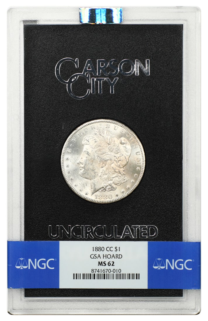 NGC MS62 1880 CC Morgan Silver Dollar GSA Box Papers: NGC MS62 1880 CC Morgan Silver Dollar GSA Box Papers 1880 Carson City Morgan Dollar certified by NGC in MS62 grade. This uncirculated GSA coin includes its box and papers and is offered as a pre-owned