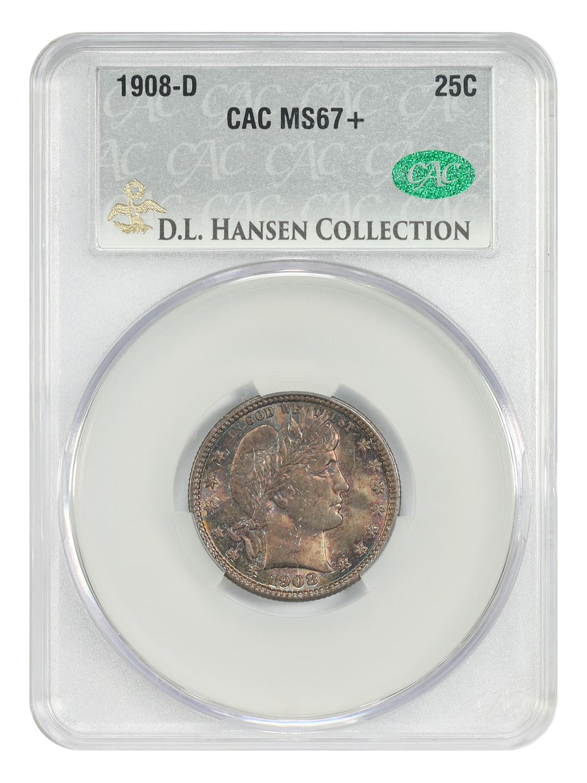 1908-D Barber Quarter 25C CACG MS67+ Ex D.L. Hansen: 1908-D Barber Quarter 25C CACG MS67+ Ex D.L. Hansen 1908-D Barber Quarter certified by CACG in MS67+ grade and noted as ex: D.L. Hansen. This uncirculated coin displays unmatched luster with truly ori