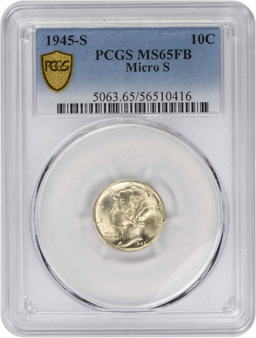 1945-S Mercury Dime Micro S PCGS MS65FB 90 Percent Silver Uncirculated: 1945-S Mercury Dime Micro S PCGS MS65FB 90 Percent Silver Uncirculated This 1945-S Mercury Dime is a United States ten-cent coin minted in San Francisco. Graded MS65FB (Full Bands) by PCGS, it feature