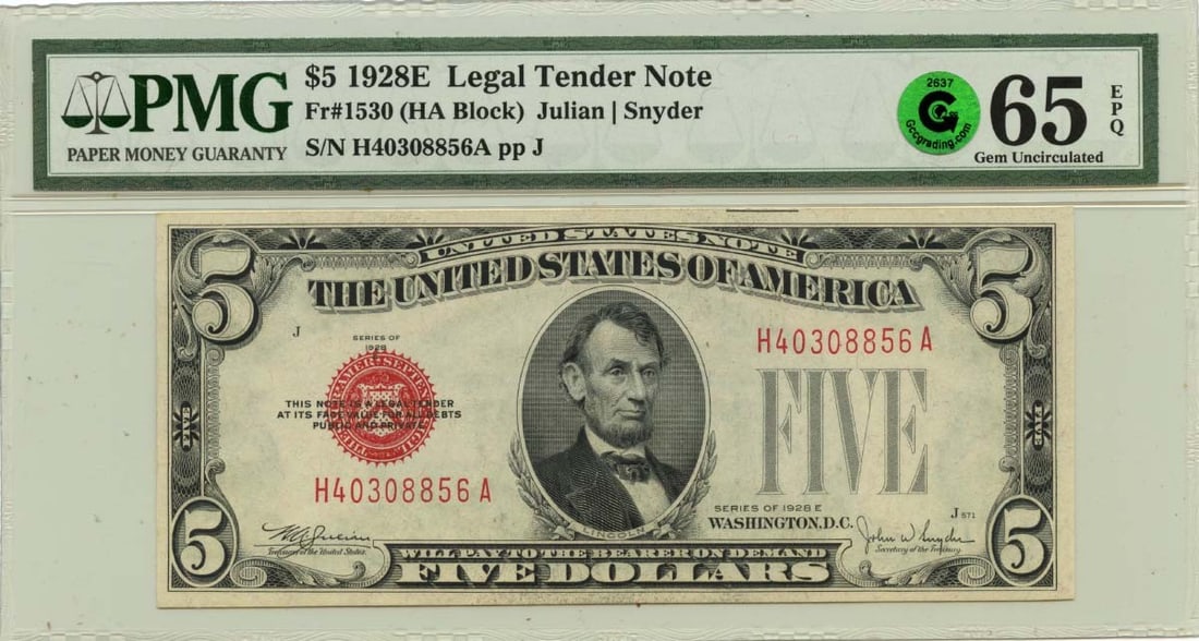 PMG Graded 1928F $5 Legal Tender Note FR1531 Wide I Superb GEM 67 EPQ: PMG Graded 1928F $5 Legal Tender Note FR1531 Wide I Superb GEM 67 EPQ This is a 1928F $5 Legal Tender Note from the United States, graded MS67 by PMG with a certification number of 1143311019. The not