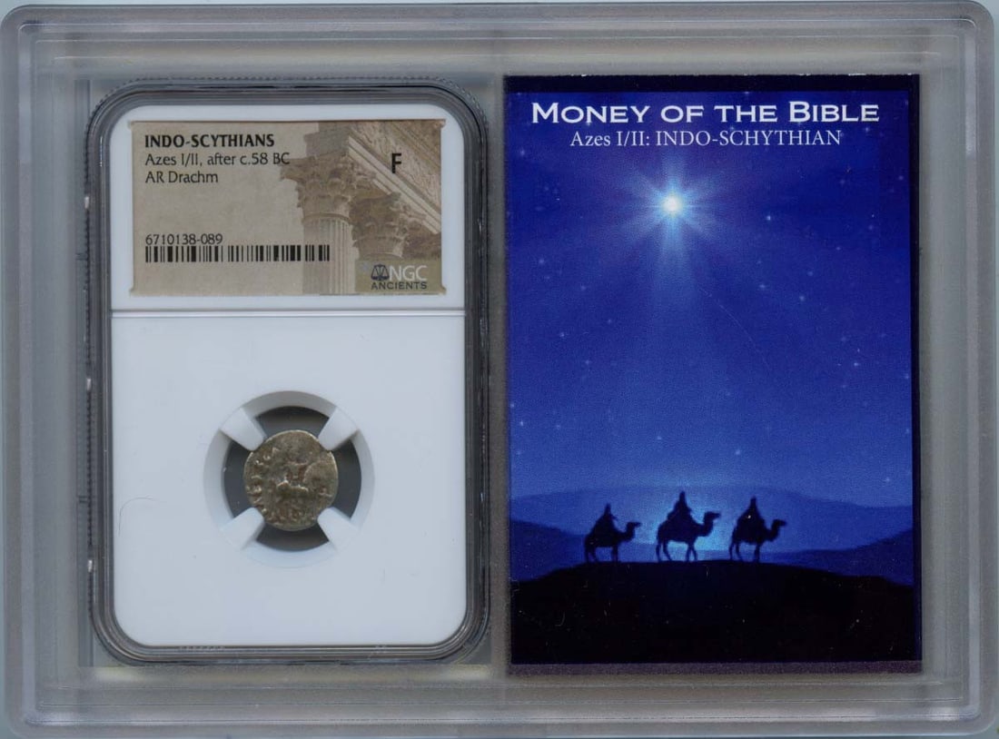 NGC Certified Silver Drachm of Indo-Scythian Azes I or II After 58 BC: NGC Certified Silver Drachm of Indo-Scythian Azes I or II After 58 BC This coin is an AR Drachm from the Indo-Scythian period, attributed to Azes I or II, dating to after approximately 58 BC. The coin