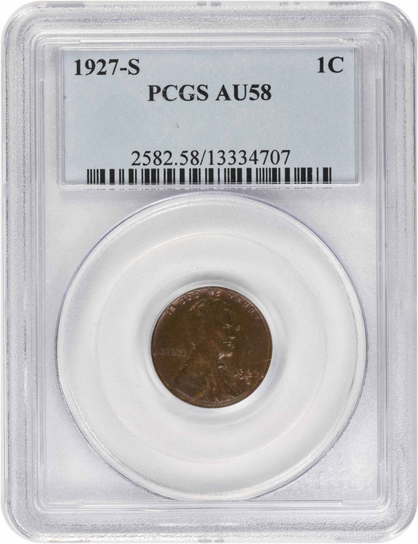 PCGS AU58 1927 S Lincoln Wheat Small Cent: PCGS AU58 1927 S Lincoln Wheat Small Cent 1927-S Lincoln Wheat small cent graded AU58 by PCGS. This pre-owned United States copper coin is listed as uncirculated. Specifications Year: 1927 Denominatio