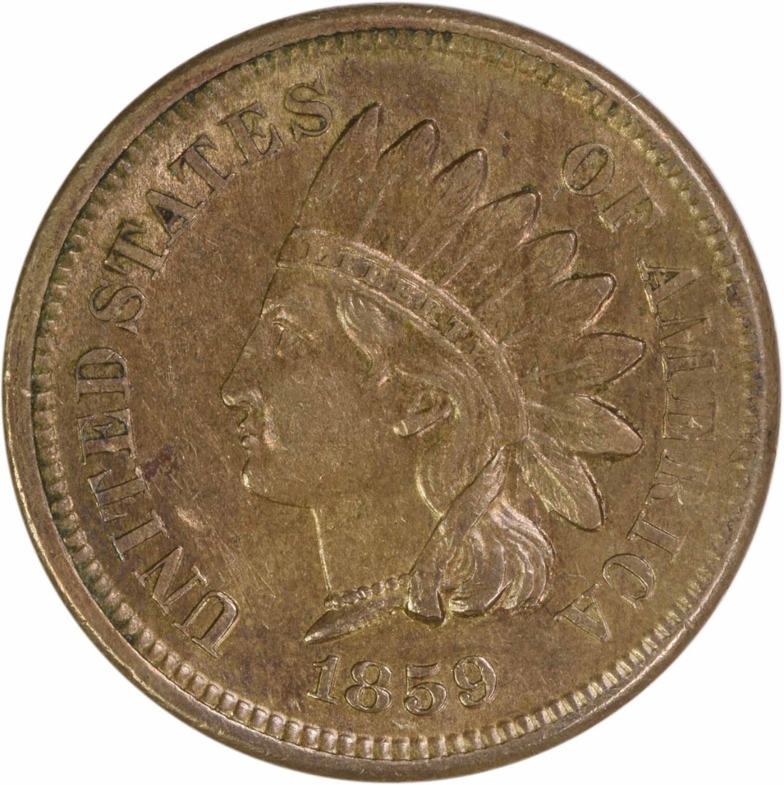 1859 Indian Head Copper Small Cent Uncertified MS60: 1859 Indian Head Copper Small Cent Uncertified MS60 This 1859 Indian Cent is an uncirculated coin from the United States, featuring the Indian Head design. The coin is composed of copper and is graded