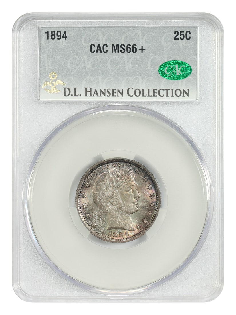 Barber Quarter 1894 25C CACG MS66+ ex D.L. Hansen: Barber Quarter 1894 25C CACG MS66+ ex D.L. Hansen 1894 Barber Quarter certified by CACG in MS66+ grade, ex: D.L. Hansen. This uncirculated example shows full mint bloom with blended pink-rose, blue, a