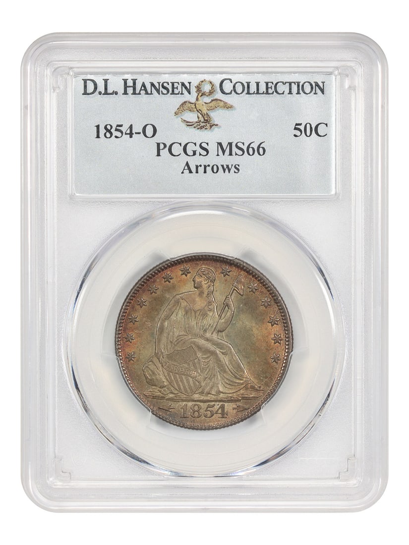 PCGS MS66 1854 O Liberty Seated Half Dollar Arrows: PCGS MS66 1854 O Liberty Seated Half Dollar Arrows 1854-O Liberty Seated Half Dollar, denomination 50C, certified by PCGS as MS66 (Arrows). This uncirculated New Orleans Mint issue is described as a d