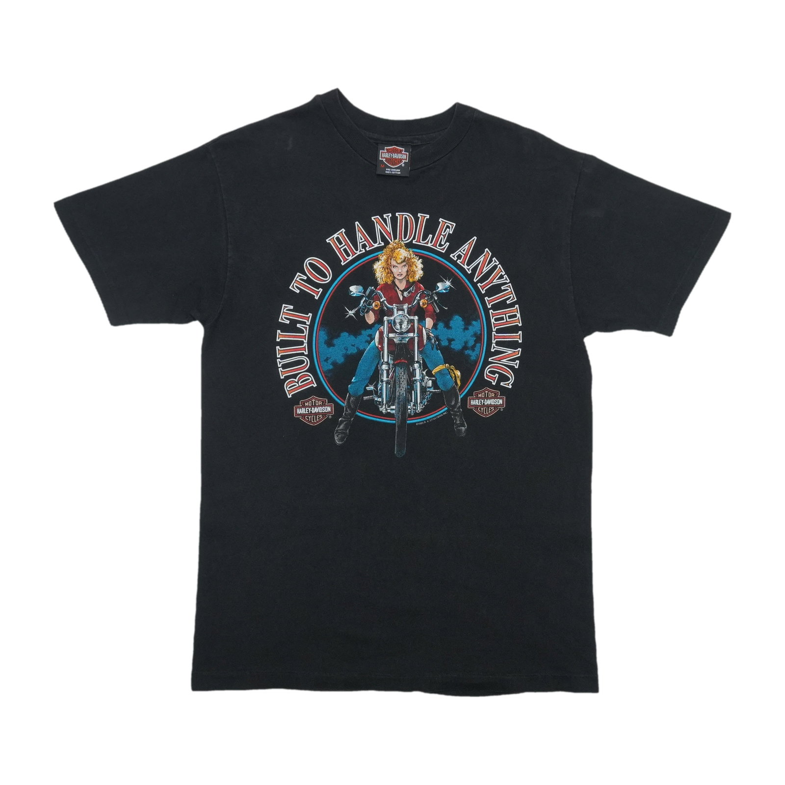 Vintage 1993 Harley Davidson black cotton tee California: Vintage 1993 Harley Davidson black cotton tee California This is an original vintage 1993 Harley Davidson "California Built To Handle Anything" shirt. Made from 100% cotton, this black shirt features 