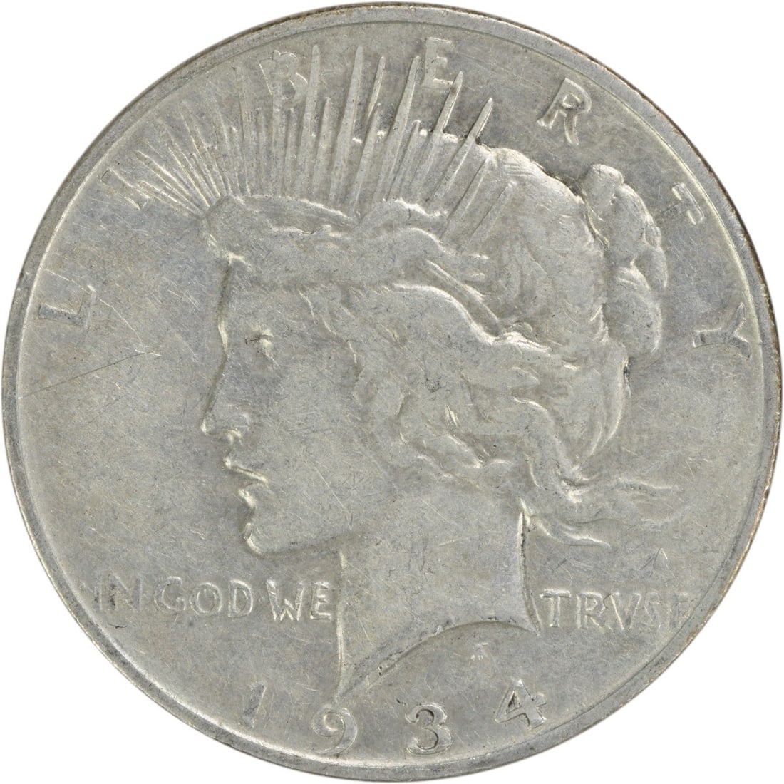 1934 S United States Peace Dollar Silver $1 VF Uncertified: 1934 S United States Peace Dollar Silver $1 VF Uncertified 1934-S Peace Silver Dollar in circulated VF grade. This uncertified United States $1 coin is composed of silver and is offered as a pre-owned