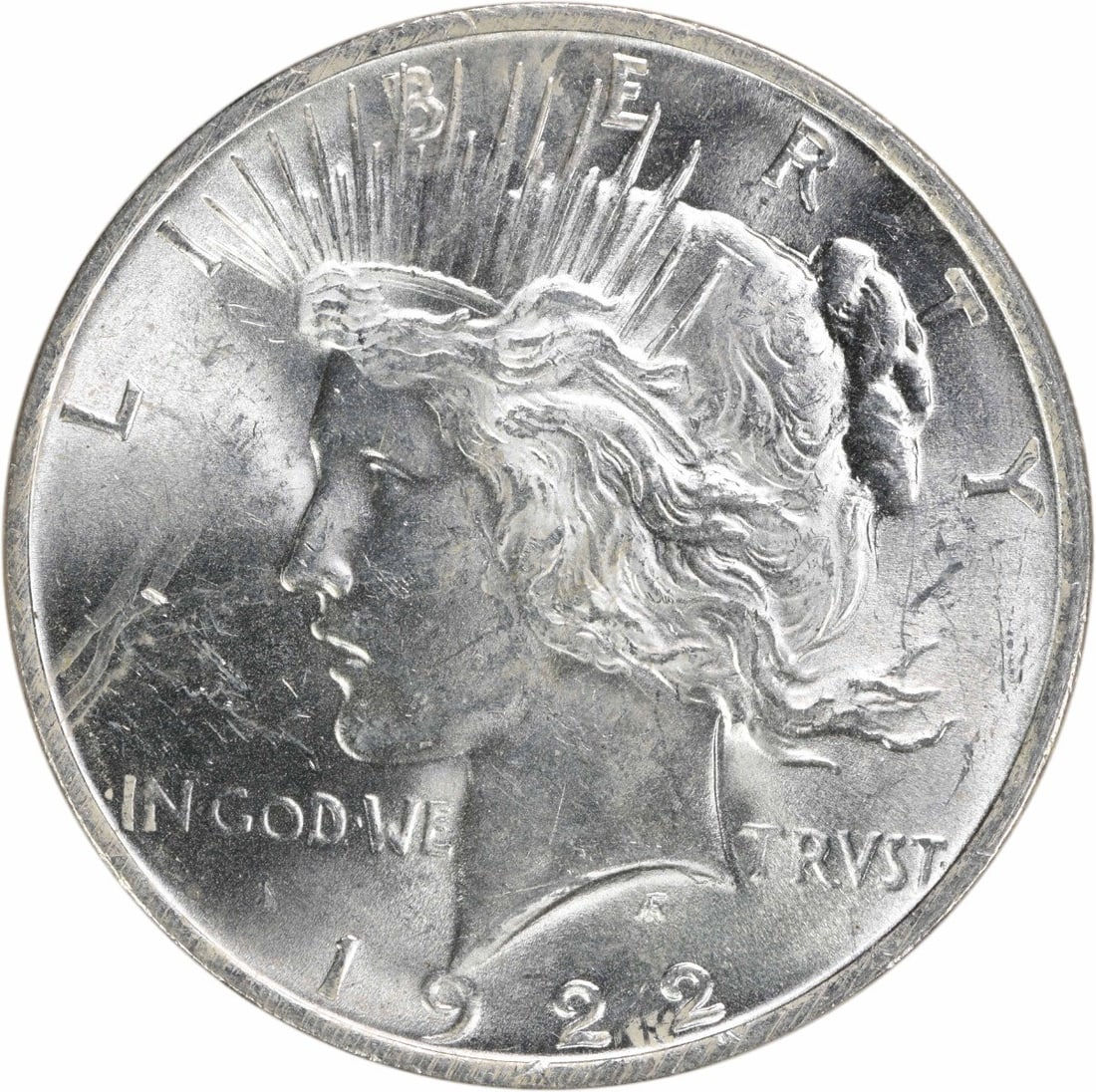 1922 Uncirculated Peace Dollar Silver $1 Coin Uncertified: 1922 Uncirculated Peace Dollar Silver $1 Coin Uncertified 1922 Peace Silver Dollar in uncirculated, choice BU condition. This pre-owned coin is uncertified and identified as a Peace dollar with a $1 d