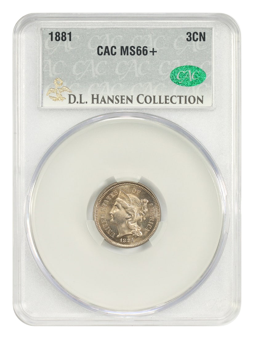 1881 CACG MS66+ Three Cent Nickel ex D.L. Hansen: 1881 CACG MS66+ Three Cent Nickel ex D.L. Hansen 1881 Three Cent Nickel certified by CACG as MS66+ and noted ex: D.L. Hansen. This uncirculated coin features light grey surfaces with light-golden hues