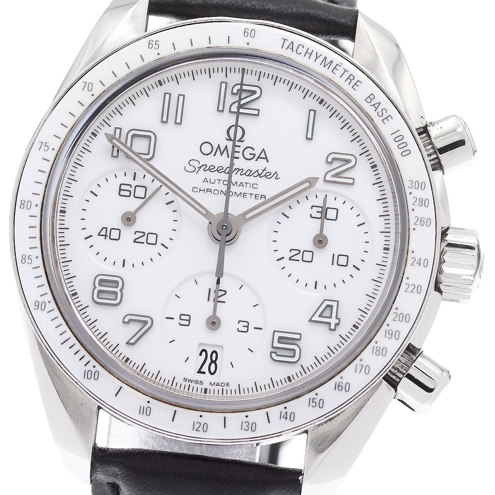 OMEGA Speedmaster 324.33.38.40.04.001 Ladies Chronograph Watch Date: OMEGA Speedmaster 324.33.38.40.04.001 Ladies Chronograph Watch Date Pre-owned OMEGA Speedmaster Date chronograph ladies wristwatch with a white dial and automatic movement. This stainless steel watch 