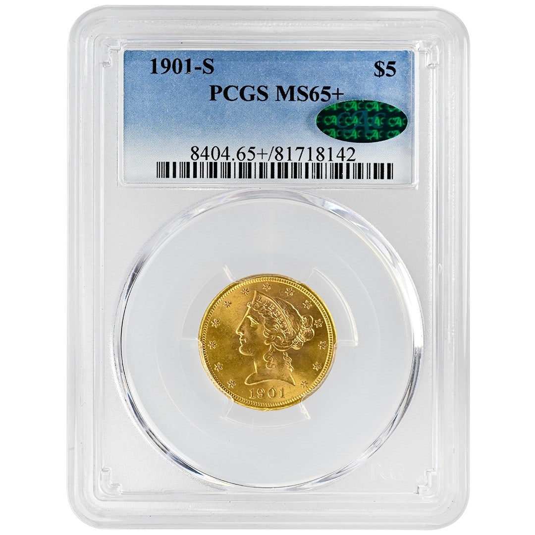 PCGS CAC 1901-S Liberty Head $5 Gold Coin MS65+: PCGS CAC 1901-S Liberty Head $5 Gold Coin MS65+ 1901-S $5 Liberty Head gold coin certified by PCGS and CAC in MS65+ grade. This pre-1933 United States coin is identified as a Type 2 With Motto issue. 
