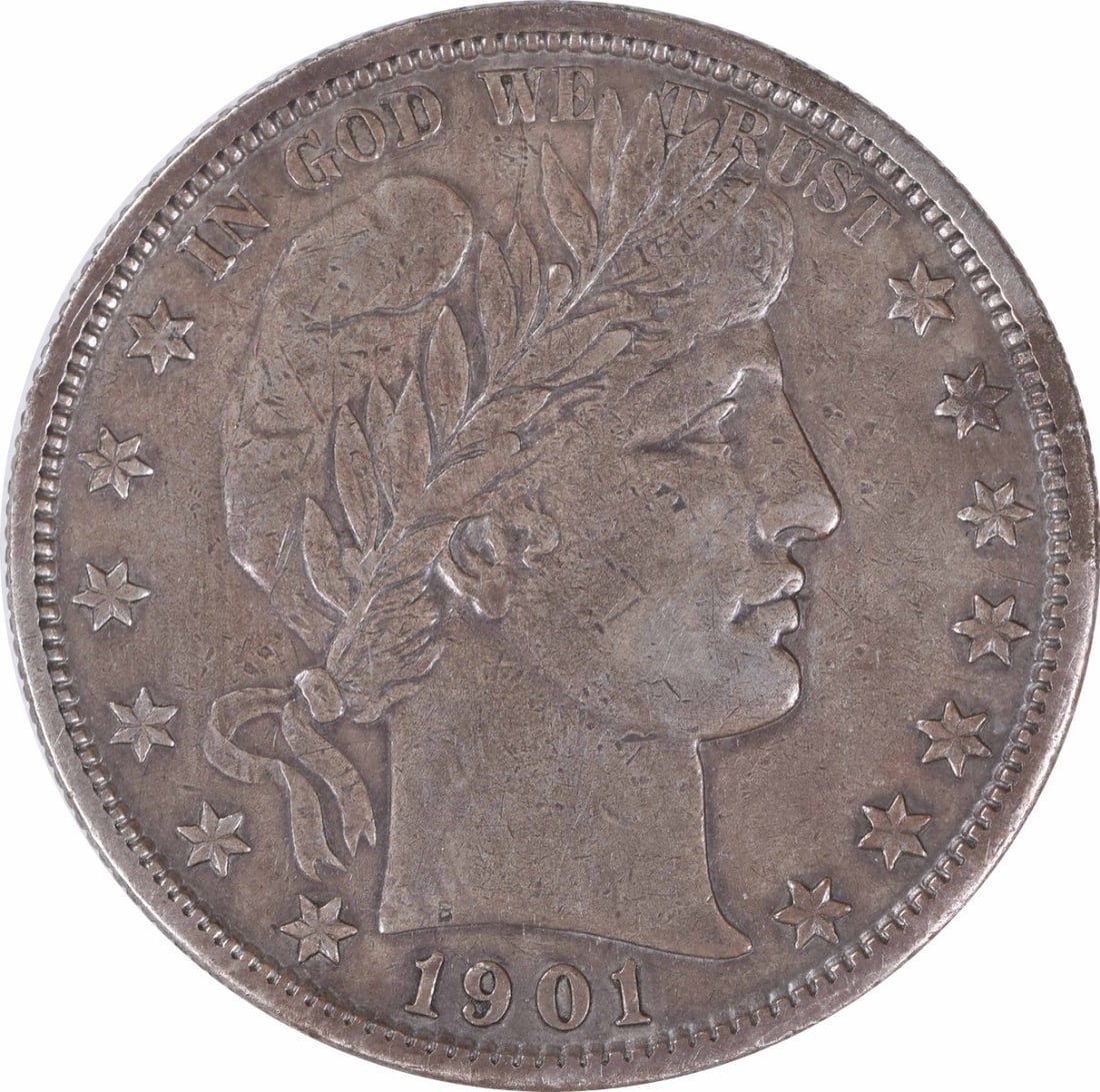 1901 S Barber 50C Silver Half Dollar EF: 1901 S Barber 50C Silver Half Dollar EF 1901-S Barber silver half dollar in EF grade. This circulated, uncertified United States 50C coin is a pre-owned example of the Barber half dollar series. Speci