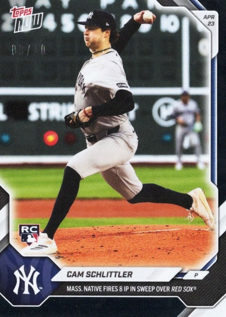 Cam Schlittler Topps Now Black Foil Rookie Card #114 /10: Cam Schlittler Topps Now Black Foil Rookie Card #114 /10 This is a 2026 Topps Now Cam Schlittler #114 Black Foil Rookie baseball card, featuring Cam Schlittler of the New York Yankees. The card is par