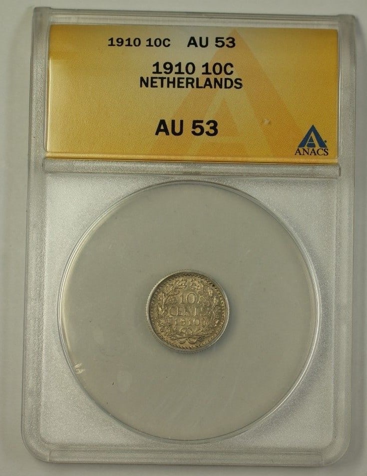 Netherlands 1910 Silver 10 Cent ANACS Graded AU-53 Coin: Netherlands 1910 Silver 10 Cent ANACS Graded AU-53 Coin This 1910 Netherlands Ten Cent 10c silver coin has been certified by ANACS with a grade of AU-53. The coin is composed of silver and originates 