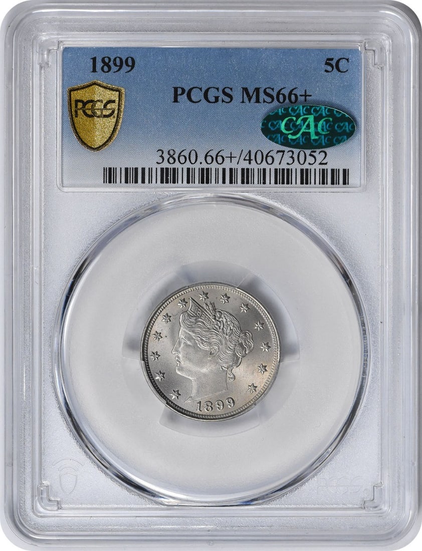 PCGS MS66 Plus 1899 Liberty 5C Nickel: PCGS MS66 Plus 1899 Liberty 5C Nickel This 1899 Liberty Nickel is a five-cent coin from the United States, featuring the Liberty design. It is graded MS66 by PCGS, indicating a high-quality, uncircula