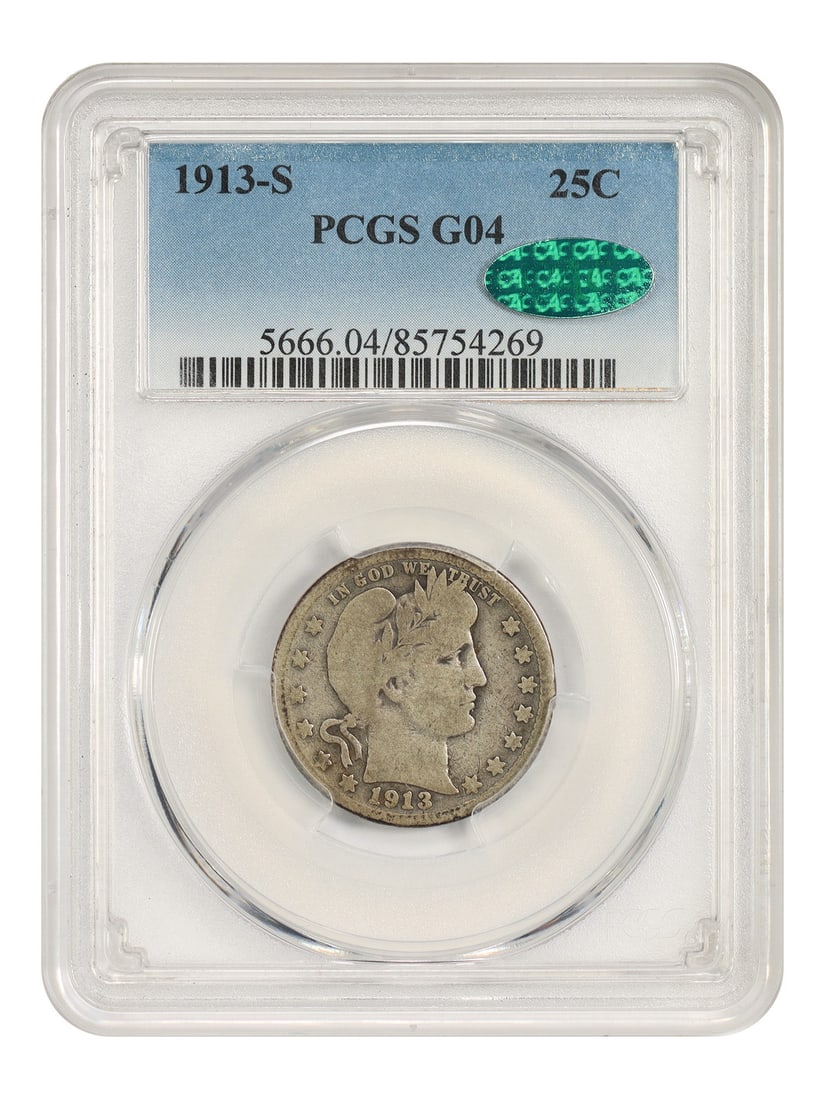 Barber Quarter 1913 S 25C PCGS CAC Good 04 Key Date: Barber Quarter 1913 S 25C PCGS CAC Good 04 Key Date 1913-S Barber Quarter certified by PCGS and graded Good 04, with CAC approval. One of the big 3 key-date Barber quarters, this issue has the lowest 