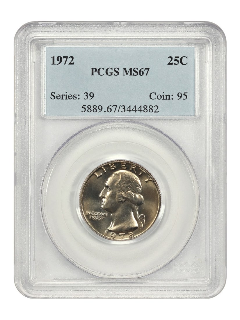 Washington Quarter 1972 25C PCGS MS67 Philadelphia: Washington Quarter 1972 25C PCGS MS67 Philadelphia 1972 Washington Quarter certified by PCGS in MS67. Only six coins have been graded finer, all MS67+, making this a notable registry-quality example. 