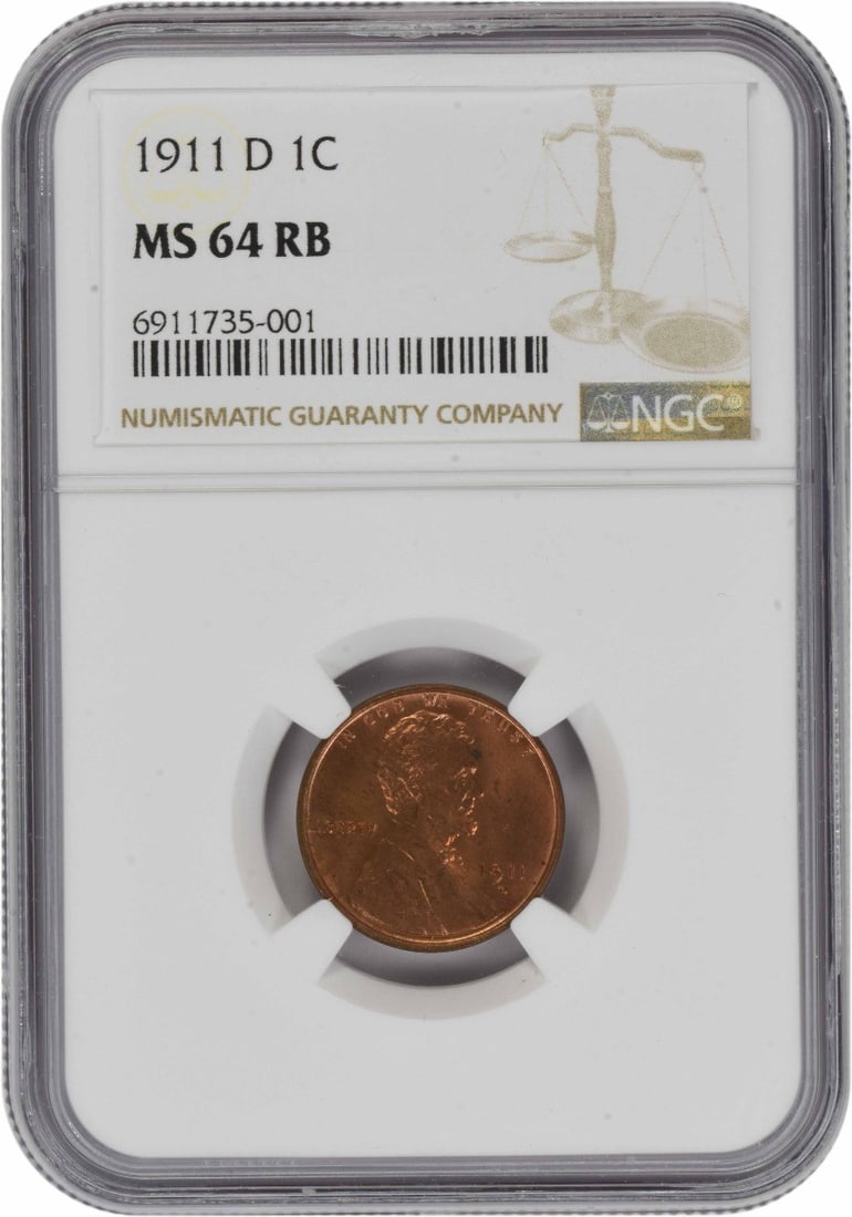 MS64 Red Brown 1911-D Lincoln Wheat Cent NGC Certified Copper Coin: MS64 Red Brown 1911-D Lincoln Wheat Cent NGC Certified Copper Coin This 1911-D Lincoln Wheat Cent is graded MS64RB by NGC, indicating a high-quality, uncirculated coin. Composed of copper, this small 