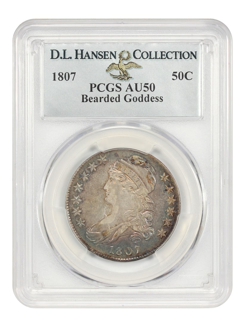 PCGS AU50 1807 Capped Bust Half Dollar Bearded Goddess 50 20: PCGS AU50 1807 Capped Bust Half Dollar Bearded Goddess 50 20 An 1807 50C Capped Bust Half Dollar graded PCGS AU50, identified as the Bearded Goddess variety with the 50/20 reverse. The coin is certifi