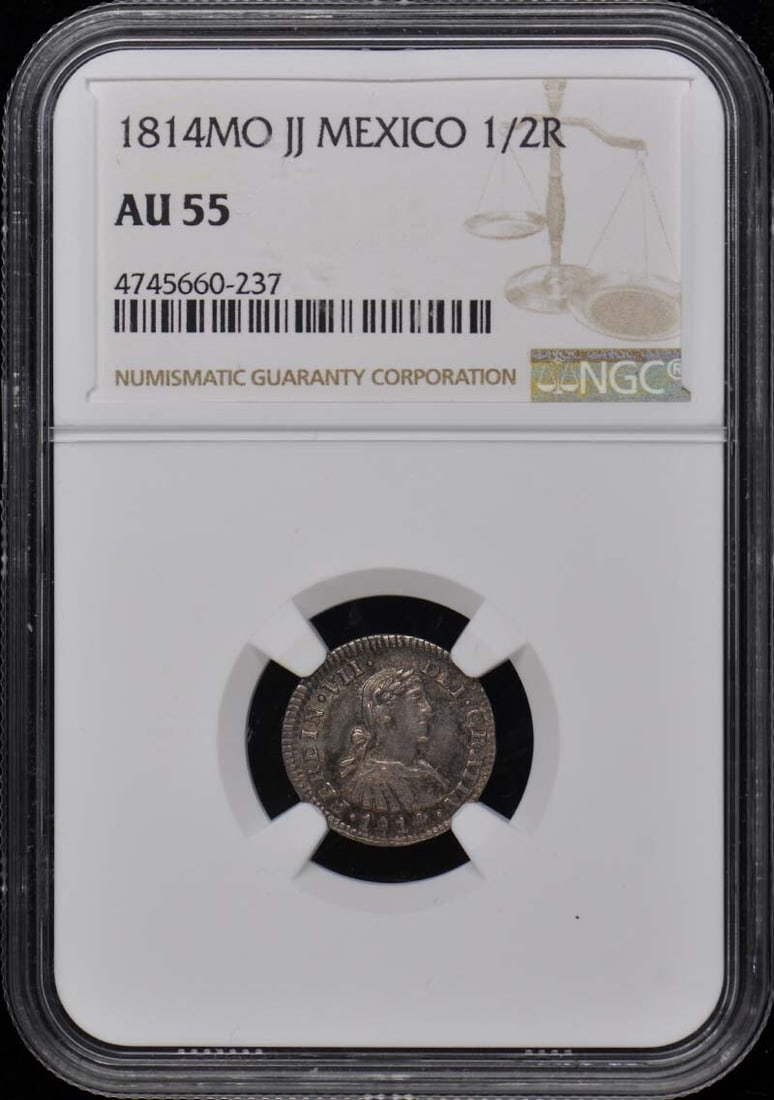 1814 Mexico 1/2 Real Coin NGC AU55 Certified: 1814 Mexico 1/2 Real Coin NGC AU55 Certified This 1814 Mexico 1/2 Real coin is certified by NGC with a grade of AU55, indicating its high quality and well-preserved condition. The coin is circulated a