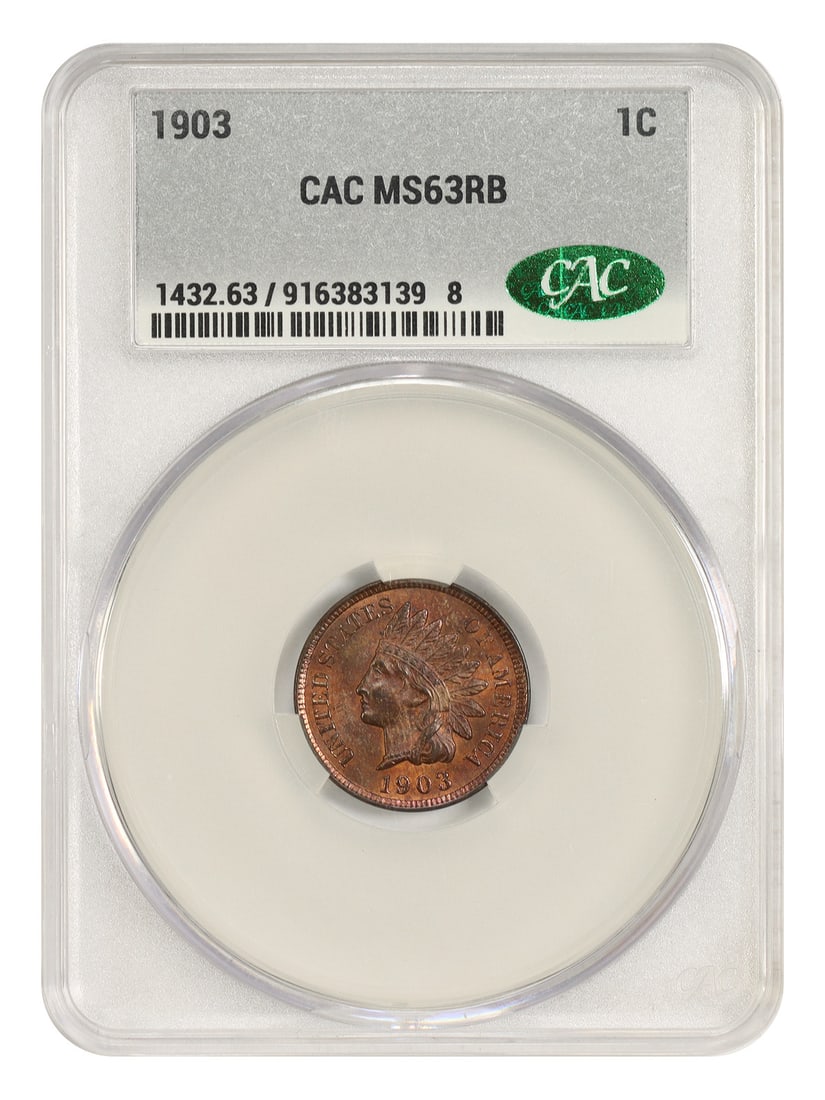 Indian Cent 1903 1C CACG MS63RB: Indian Cent 1903 1C CACG MS63RB 1903 Indian Cent certified by CACG in MS63RB grade. This pre-owned coin was struck in Philadelphia and is listed as uncirculated. Specifications Denomination: 1C Year: 