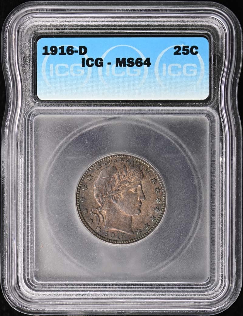 ICG MS64 1916-D Denver Barber Quarter 25C: ICG MS64 1916-D Denver Barber Quarter 25C This is a 1916-D Barber Quarter graded MS64 by ICG. The coin is uncirculated and was minted in Denver, United States. It comes with its ICG certification and 