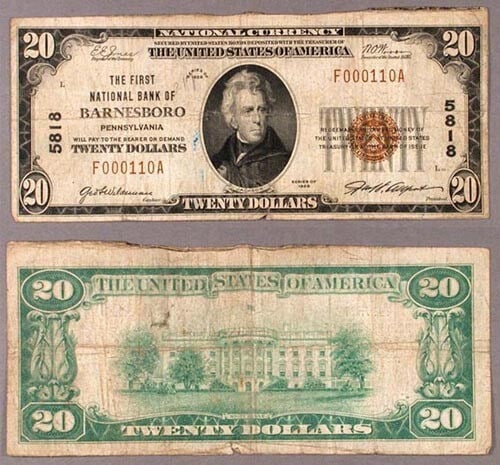 1929 T-1 $20 National Bank Note Barnesboro PA Ch #5818: 1929 T-1 $20 National Bank Note Barnesboro PA Ch #5818 This $20 National Bank Note from Barnesboro, PA, is a 1929 T-1 series item, designated as Ch #5818 from the First National Bank. It is graded as 