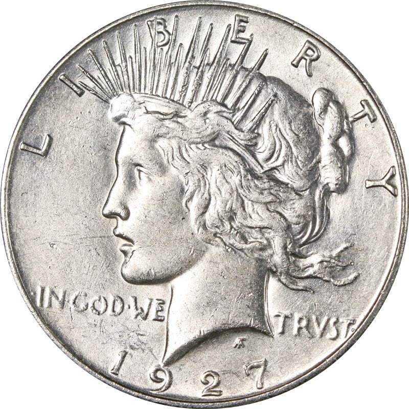 1927 S United States Silver Peace Dollar: 1927 S United States Silver Peace Dollar This is a 1927-S Peace Dollar from the United States, composed of silver with a fineness of 0.9. The coin is circulated and comes uncertified. It was minted in
