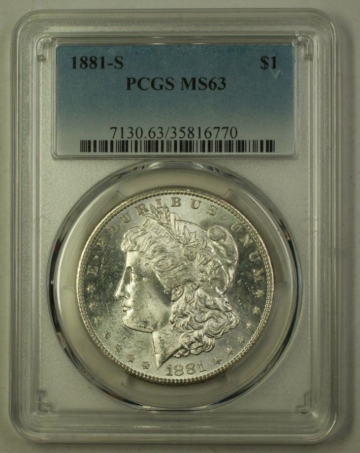 PCGS MS63 1881-S Morgan Silver Dollar: PCGS MS63 1881-S Morgan Silver Dollar This 1881-S US Morgan Silver Dollar is certified by PCGS with a grade of MS-63. Minted in San Francisco, the coin is composed of silver and is uncirculated, makin