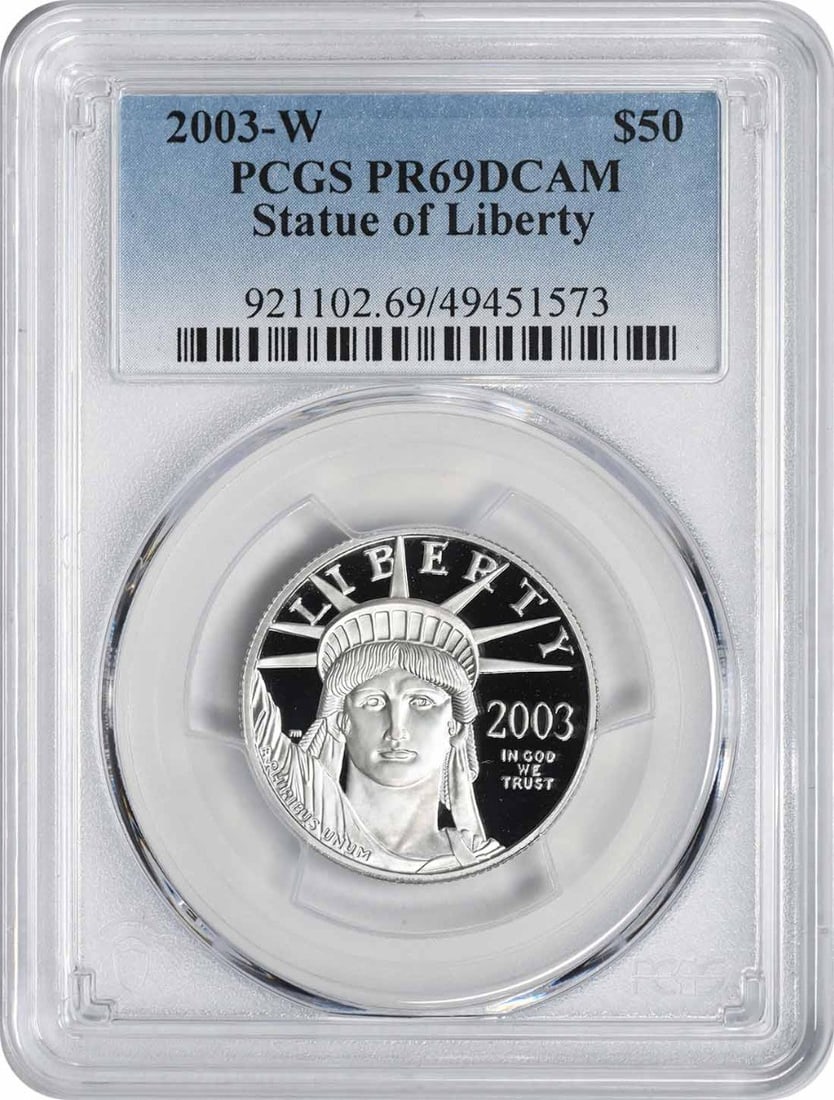 2003-W $50 American Platinum Eagle PR69DCAM PCGS Statue of Liberty: 2003-W $50 American Platinum Eagle PR69DCAM PCGS Statue of Liberty This 2003 American Platinum Eagle coin is a stunning piece of numismatic art, graded PR69DCAM by PCGS, ensuring its high quality and 