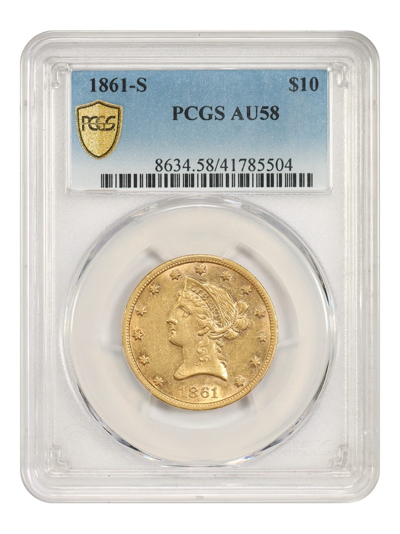 1861 S Liberty Head Eagle $10 Gold Coin PCGS AU58: 1861 S Liberty Head Eagle $10 Gold Coin PCGS AU58 1861-S Liberty Head $10 gold eagle certified by PCGS as AU58. The San Francisco Mint produced 15,500 gold Eagles in 1861. Only two are graded finer, a