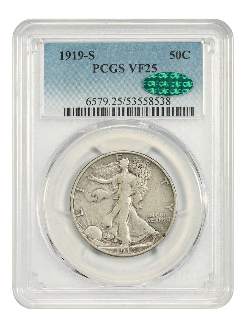 Walking Liberty Half Dollar 1919-S PCGS VF25 CAC: Walking Liberty Half Dollar 1919-S PCGS VF25 CAC 1919-S Walking Liberty Half Dollar, denomination 50C, minted in San Francisco. This circulated coin is certified by PCGS and identified as an original 
