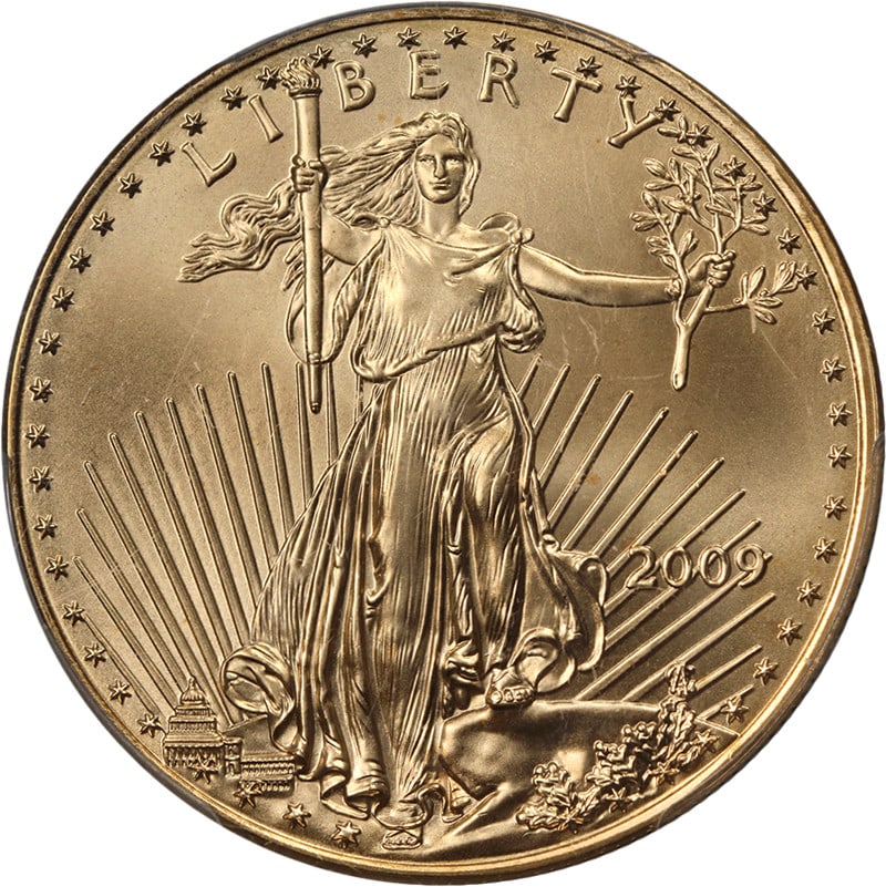 2009 $50 Gold Eagle PCGS Graded MS70 Uncirculated Coin: 2009 $50 Gold Eagle PCGS Graded MS70 Uncirculated Coin This 2009 Gold American Eagle $50 coin has been graded MS70 by PCGS, indicating a perfect uncirculated condition. The coin is composed of 91.67% 
