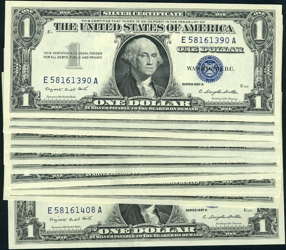 19 Consecutive 1957-A $1 Silver Certificates E-A Block Gem CU+: 19 Consecutive 1957-A $1 Silver Certificates E-A Block Gem CU+ This lot includes 19 consecutive uncirculated 1957-A $1 Silver Certificates from the E-A Block, cataloged as FR. 1620. These notes featur