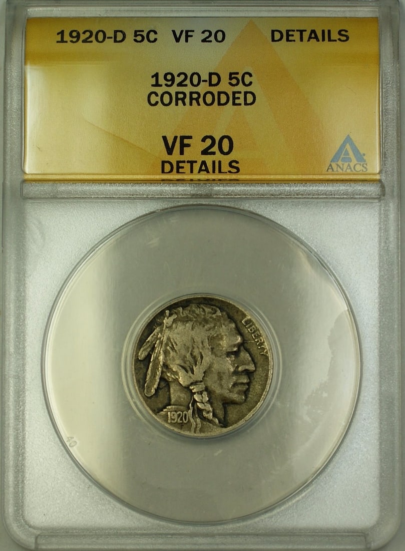 Denver Mint 1920-D Buffalo Nickel ANACS VF-20 Details Corroded 5 Cent Coin (1 of 2)
