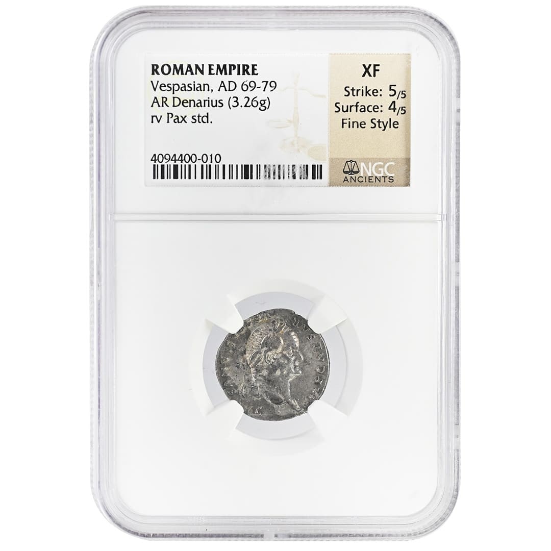 NGC XF Vespasian Ancient Silver Denarius 3.26g AD 69-79: NGC XF Vespasian Ancient Silver Denarius 3.26g AD 69-79 Ancient Vespasian AR denarius certified by NGC and graded XF. This pre-owned silver coin is attributed to the AD 69-79 period and features addit