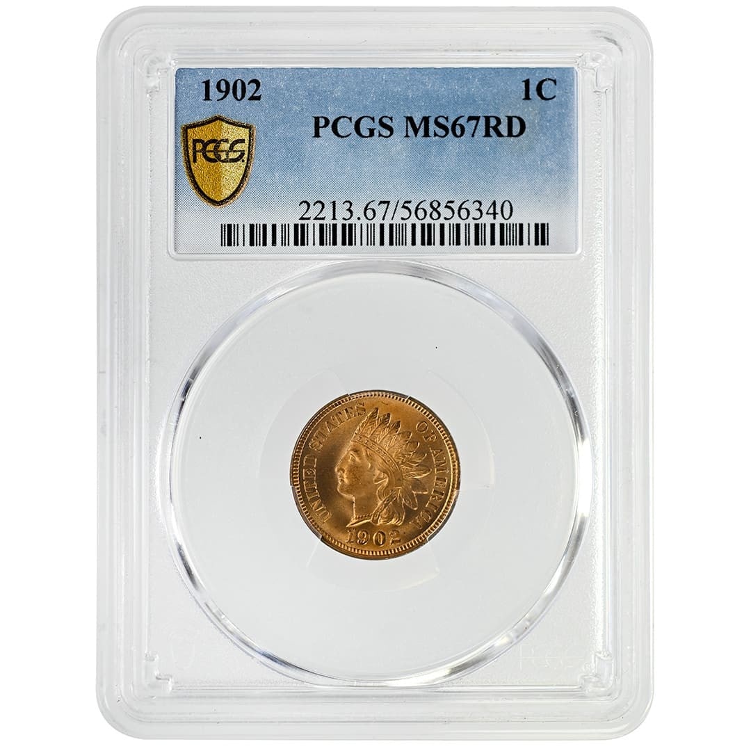 PCGS MS67RD 1902 Indian Head Cent 1C Bronze Coin: PCGS MS67RD 1902 Indian Head Cent 1C Bronze Coin 1902 Indian Cent certified by PCGS as MS67RD. This Type 3 bronze coin is described as a rich mint red example with a fully struck design and strong lus