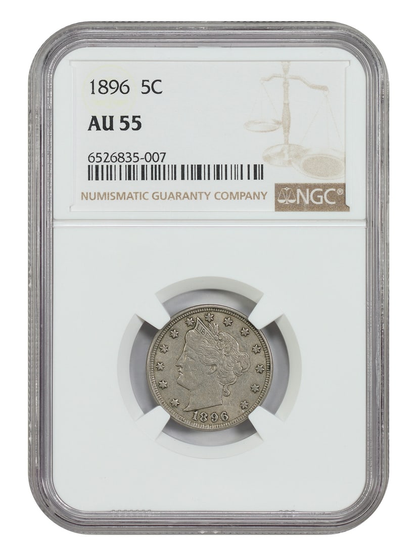 NGC AU55 1896 Liberty Head 5C Nickel: NGC AU55 1896 Liberty Head 5C Nickel 1896 Liberty Nickel certified by NGC in AU55 condition. This circulated, pre-owned 5-cent coin was minted in Philadelphia. Specifications Denomination: 5C Year: 18