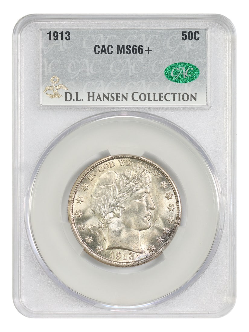 1913 Barber Half Dollar 50C CACG MS66+ ex D.L. Hansen: 1913 Barber Half Dollar 50C CACG MS66+ ex D.L. Hansen 1913 Barber Half Dollar certified by CACG in MS66+ grade. A popular date with a low mintage of just 188,000 coins struck, this issue is noted in t