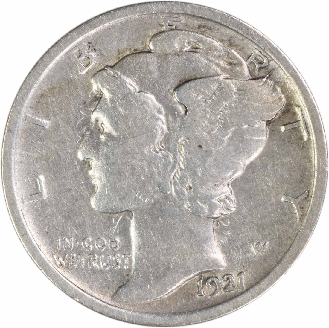 1921 10C Mercury Dime Silver VF Uncertified: 1921 10C Mercury Dime Silver VF Uncertified 1921 Mercury dime in circulated, pre-owned condition with a VF grade. This uncertified United States 10C coin is composed of silver. Specifications Coin: Me