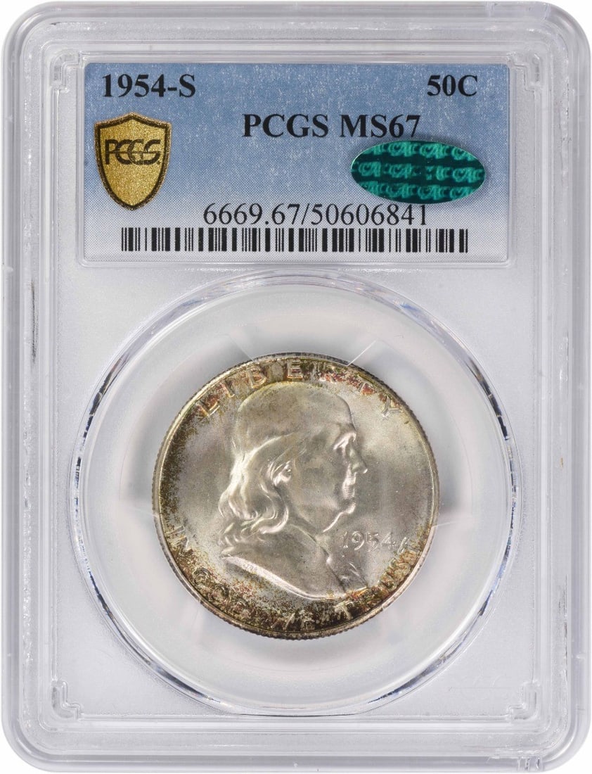 PCGS MS67 CAC 1954-S Franklin 50C Silver Half Dollar: PCGS MS67 CAC 1954-S Franklin 50C Silver Half Dollar Uncirculated 1954-S Franklin Silver Half Dollar certified by PCGS and graded MS67. This United States coin has a silver composition and a 50C denom