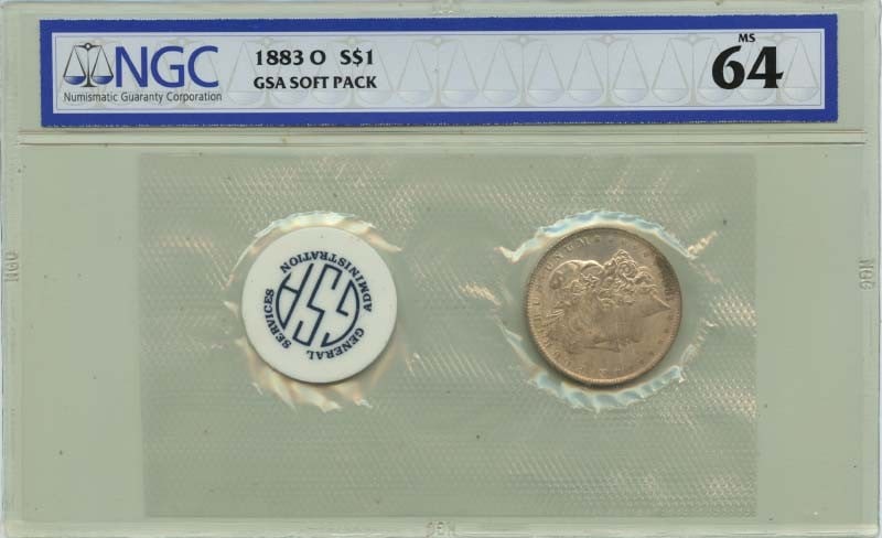 NGC MS64 1883 O Morgan Silver Dollar GSA Soft Pack: NGC MS64 1883 O Morgan Silver Dollar GSA Soft Pack 1883-O Morgan Dollar GSA Soft Pack certified by NGC and graded MS64. This uncirculated United States Morgan Dollar is a pre-owned coin from the New O