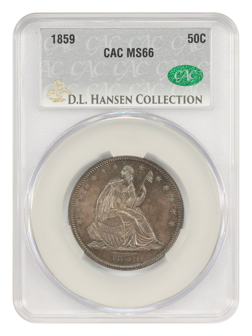 Liberty Seated Half Dollar 1859 50C CACG MS66 ex D.L. Hansen: Liberty Seated Half Dollar 1859 50C CACG MS66 ex D.L. Hansen 1859 Liberty Seated Half Dollar certified by CACG in MS66. This Philadelphia issue is described as a superior No Motto example with surface