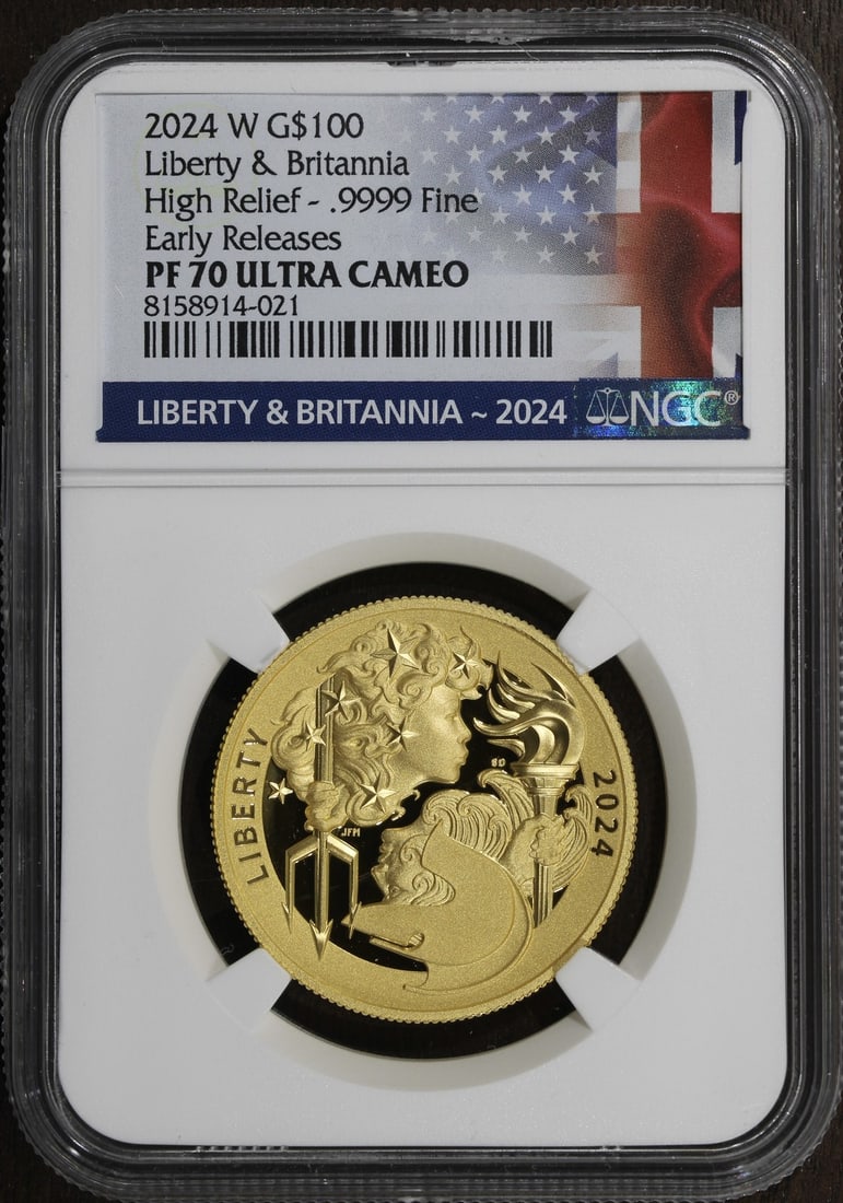 NGC Early Releases 2024-W Liberty Britannia $100 Gold Proof PR70: NGC Early Releases 2024-W Liberty Britannia $100 Gold Proof PR70 2024-W Proof Liberty & Britannia Gold $100 coin graded PR70 by NGC with Early Releases designation. It is a pre-owned gold issue from t