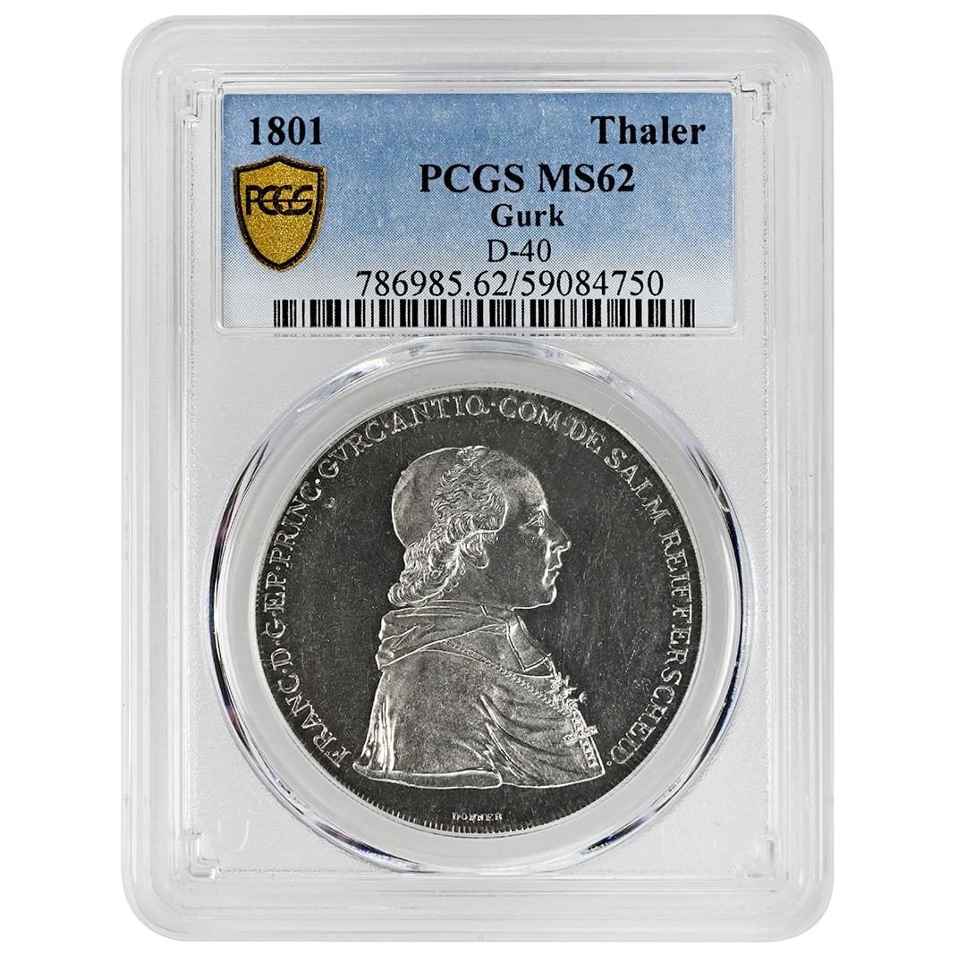 Austria 1801-A Gurk Thaler Silver Coin PCGS MS62 Prooflike: Austria 1801-A Gurk Thaler Silver Coin PCGS MS62 Prooflike 1801-A Gurk Austria Thaler certified by PCGS as MS62. This uncirculated silver coin is described as blast white and semi-prooflike in appeara