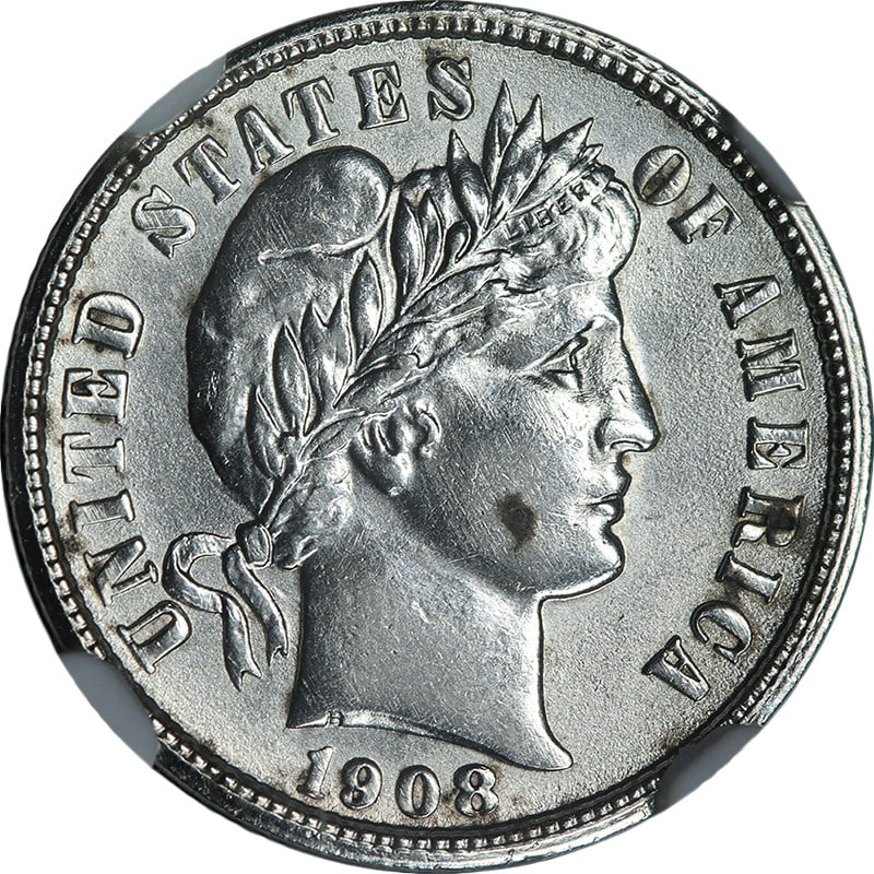 NGC Certified 1908 Philadelphia Barber Dime Silver Uncirculated Details: NGC Certified 1908 Philadelphia Barber Dime Silver Uncirculated Details This 1908-P Barber Dime is certified by NGC with an Uncirculated Details grade. Composed of 90% silver, the coin was minted in P