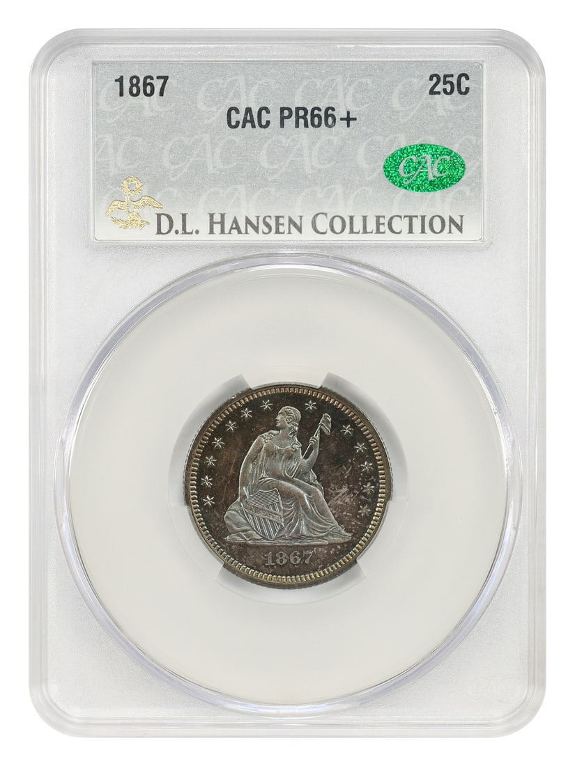 Liberty Seated Quarter 1867 25C PR66+ CACG ex D.L. Hansen: Liberty Seated Quarter 1867 25C PR66+ CACG ex D.L. Hansen 1867 Liberty Seated Quarter certified PR66+ by CACG. This proof issue had a mintage of just 624 struck, and the rarity of circulation strike 1