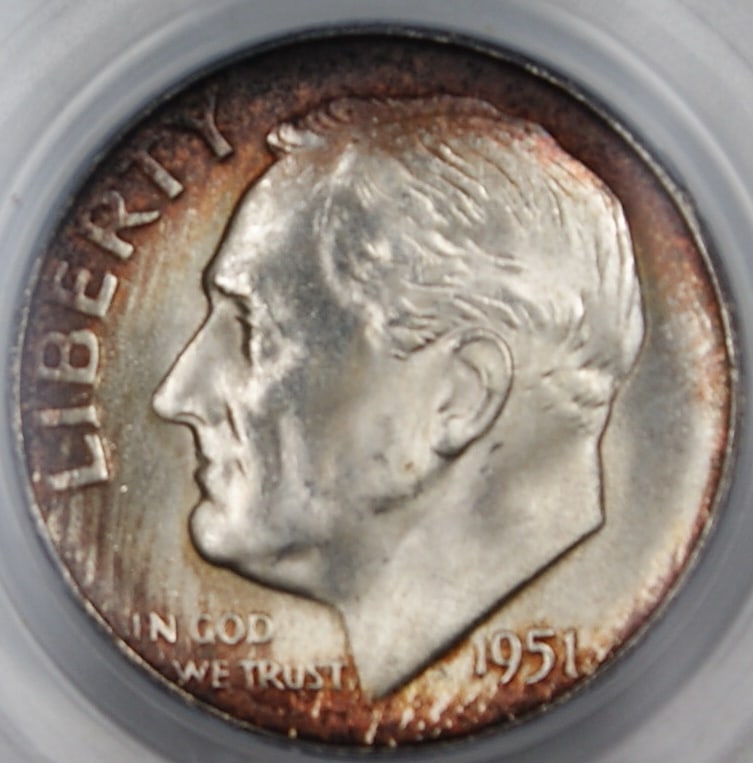 PCGS MS-66 1951-S Roosevelt Dime Silver San Francisco Toned Example: PCGS MS-66 1951-S Roosevelt Dime Silver San Francisco Toned Example This is a 1951-S Silver Roosevelt Dime from the San Francisco Mint, featuring a beautifully toned finish. The coin is composed of 90